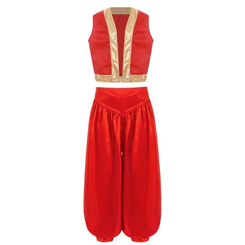 Agoky Kinderkostüm Jungen Arabischer Prinz Kostüm Set aus Ärmellose Satin Weste Oberteil und Lange Hose Halloween Fasching Motto Party Outfits Rot 170 von Agoky