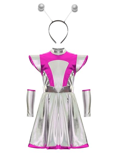 Agoky Mädchen Alien Kleider mit Haarreifen Glänzend Farbblock Kunstlederkleid mit Handschuhe Haarreifen Außerirdisches Leben Eiskunstlauf Tanzkleider Rosa 134-140 von Agoky