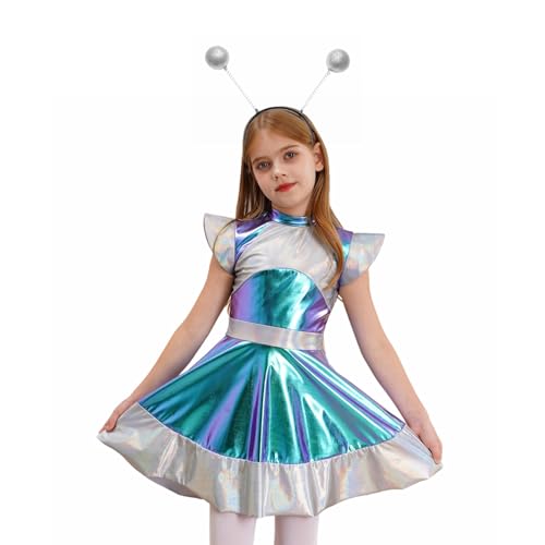 Agoky Mädchen Alien Kostüm Farbblock Kleider mit Haarreifen Kurze Flügelärmel Swingkleid Außerirdisches Leben Tanzkleider Eiskunstlauf Bekleidung Silber 170 von Agoky