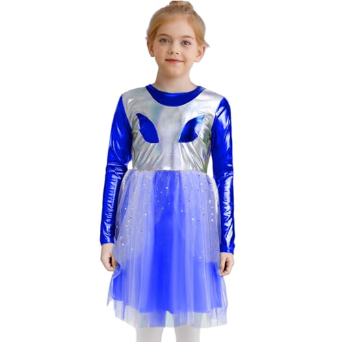Agoky Mädchen Alien Kostüm Langarm Kleider mit Tutu Rock Metallic Ballettkleid Mimik Aufdruck Tanzkleid Halloween Fasching Cosplay Outfits Königsblau 110-116 von Agoky