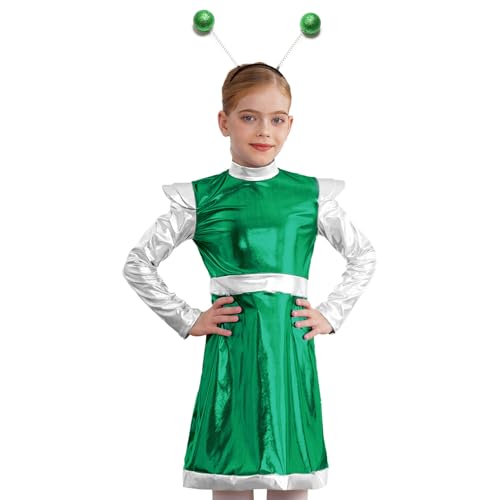Agoky Mädchen Alien Kostüm Langarm Rollkragen Kleider mit Farbblock Außerirdisches Leben Stirnband Glänzend Tanzkleider Eiskunstlauf Bekleidung Grün 158-164 von Agoky