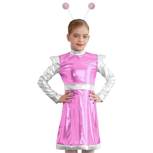 Agoky Mädchen Alien Kostüm Langarm Rollkragen Kleider mit Farbblock Außerirdisches Leben Stirnband Glänzend Tanzkleider Eiskunstlauf Bekleidung Rosa 158-164 von Agoky