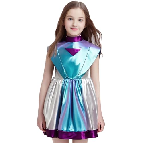 Agoky Mädchen Alien Kostüm Metallic Farbblock Kleider mit Ausgestellt Rock Glänzendes Ballettkleid Tanzkleid Halloween Fasching Cosplay Outfits Blau 146-152 von Agoky