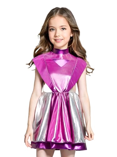 Agoky Mädchen Alien Kostüm Metallic Farbblock Kleider mit Ausgestellt Rock Glänzendes Ballettkleid Tanzkleid Halloween Fasching Cosplay Outfits Hot Pink 134-140 von Agoky