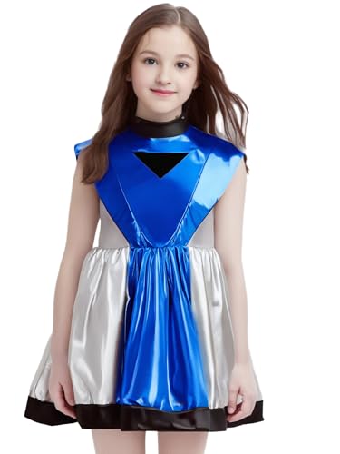 Agoky Mädchen Alien Kostüm Metallic Farbblock Kleider mit Ausgestellt Rock Glänzendes Ballettkleid Tanzkleid Halloween Fasching Cosplay Outfits Königsblau 146-152 von Agoky