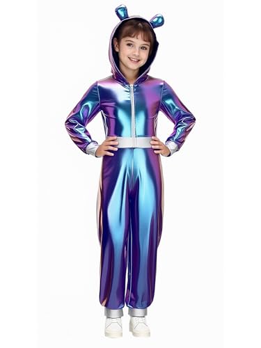 Agoky Mädchen Alien Kostüm Metallic Ganzkörperanzug Langarm Jumpsuit Loose Fit Hooded Overall mit Ohren Farbblock Einteiler Weltraum Cosplay Outfits Bunt 170 Agoky Mädchen Alien Kostüm Metallic Ganzkörperanzug Langarm Jumpsuit Loose Fit Hooded Overall mit Ohren Farbblock Einteiler Weltraum Cosplay Outfits Bunt 170 von Agoky