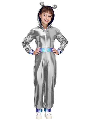 Agoky Mädchen Alien Kostüm Metallic Ganzkörperanzug Langarm Jumpsuit Loose Fit Hooded Overall mit Ohren Farbblock Einteiler Weltraum Cosplay Outfits Silber 146-152 von Agoky