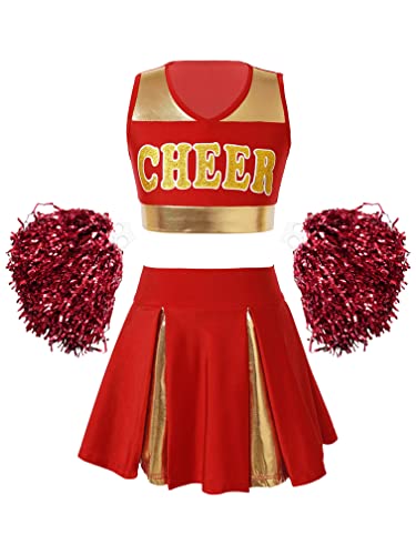 Agoky Mädchen Cheerleading Kostüm Crop Top und Minirock Metallic Pompons Fasching Karneval Sportfest Outfits Rot B 134-140 von Agoky