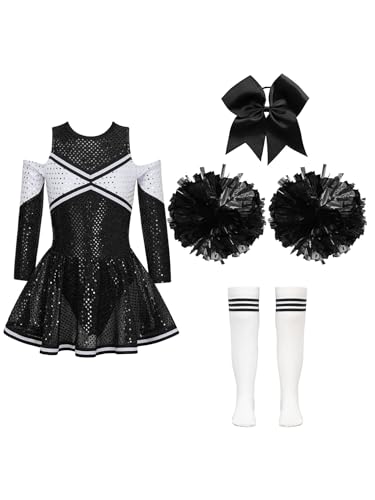 Agoky Mädchen Cheerleading Tanz Kleidung Set aus Langarm Pailletten Kleid und Handblume Strümpfe und Bowknot Haargummi Cosplay Outfits A Weiß&Schwarz 158-164 von Agoky