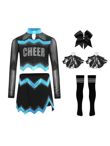 Agoky Mädchen Cheerleading Uniform Tanzkostüm Langarm Mesh Crop Top mit Rock und Sport Socken Handblumen Bowknot Bekleidungsset Wettbewerb Outfits Blau 158-164 von Agoky