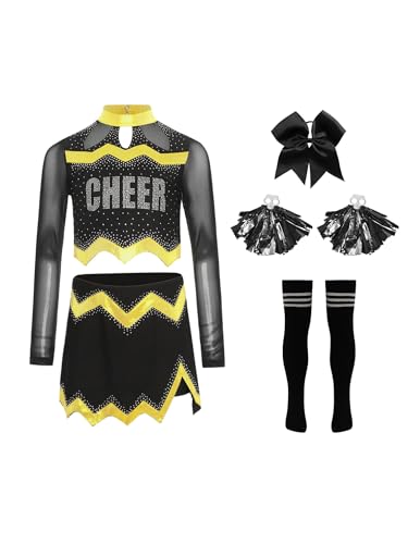 Agoky Mädchen Cheerleading Uniform Tanzkostüm Langarm Mesh Crop Top mit Rock und Sport Socken Handblumen Bowknot Bekleidungsset Wettbewerb Outfits Gold 110-116 Agoky Mädchen Cheerleading Uniform Tanzkostüm Langarm Mesh Crop Top mit Rock und Sport Socken Handblumen Bowknot Bekleidungsset Wettbewerb Outfits Gold 110-116 von Agoky