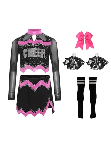 Agoky Mädchen Cheerleading Uniform Tanzkostüm Langarm Mesh Crop Top mit Rock und Sport Socken Handblumen Bowknot Bekleidungsset Wettbewerb Outfits Hot Pink 158-164 von Agoky