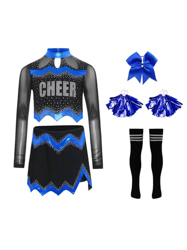 Agoky Mädchen Cheerleading Uniform Tanzkostüm Langarm Mesh Crop Top mit Rock und Sport Socken Handblumen Bowknot Bekleidungsset Wettbewerb Outfits Königsblau 170 von Agoky