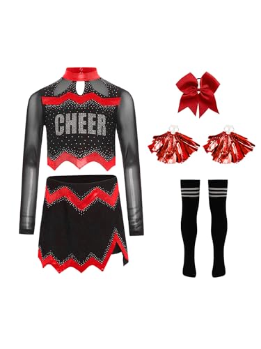 Agoky Mädchen Cheerleading Uniform Tanzkostüm Langarm Mesh Crop Top mit Rock und Sport Socken Handblumen Bowknot Bekleidungsset Wettbewerb Outfits Rot 110-116 von Agoky