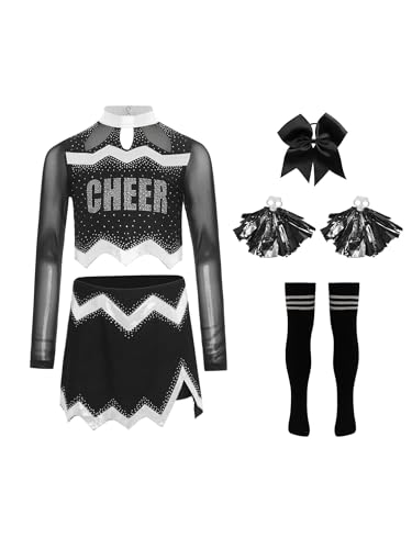 Agoky Mädchen Cheerleading Uniform Tanzkostüm Langarm Mesh Crop Top mit Rock und Sport Socken Handblumen Bowknot Bekleidungsset Wettbewerb Outfits Silber 110-116 von Agoky