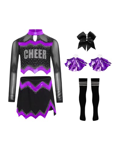Agoky Mädchen Cheerleading Uniform Tanzkostüm Langarm Mesh Crop Top mit Rock und Sport Socken Handblumen Bowknot Bekleidungsset Wettbewerb Outfits Violett 134-140 von Agoky