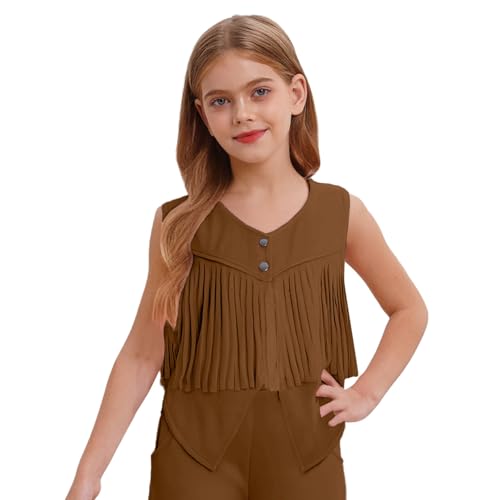 Agoky Mädchen Cowboy Kostüm Western Weste mit Fransen Geknöpftes Hemd Ärmellose Blusen Halloween Fasching Karneval Party Outfits Braun 158-164 von Agoky