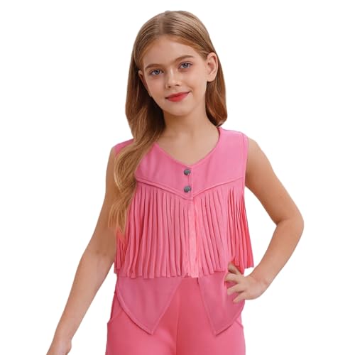Agoky Mädchen Cowboy Kostüm Western Weste mit Fransen Geknöpftes Hemd Ärmellose Blusen Halloween Fasching Karneval Party Outfits Hot Pink 146-152 von Agoky