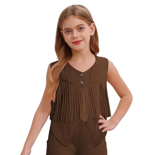 Agoky Mädchen Cowboy Kostüm Western Weste mit Fransen Geknöpftes Hemd Ärmellose Blusen Halloween Fasching Karneval Party Outfits Kaffee 158-164 von Agoky