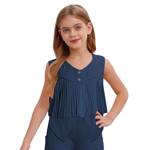Agoky Mädchen Cowboy Kostüm Western Weste mit Fransen Geknöpftes Hemd Ärmellose Blusen Halloween Fasching Karneval Party Outfits Navy blau 110-116 von Agoky