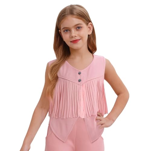 Agoky Mädchen Cowboy Kostüm Western Weste mit Fransen Geknöpftes Hemd Ärmellose Blusen Halloween Fasching Karneval Party Outfits Rosa 158-164 von Agoky