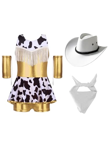 Agoky Mädchen Cowgirl Cosplay Kostüm Ärmellos Turnanzug Metallic Gymnastikanzug Leotard mit Bein Tutu Kuh Flecken Rock + Cowboyhut und Halstuch Armstulpen Glod 170 Agoky Mädchen Cowgirl Cosplay Kostüm Ärmellos Turnanzug Metallic Gymnastikanzug Leotard mit Bein Tutu Kuh Flecken Rock + Cowboyhut und Halstuch Armstulpen Glod 170 von Agoky
