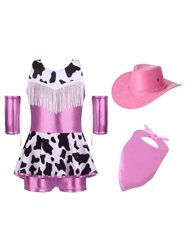 Agoky Mädchen Cowgirl Cosplay Kostüm Ärmellos Turnanzug Metallic Gymnastikanzug Leotard mit Bein Tutu Kuh Flecken Rock + Cowboyhut und Halstuch Armstulpen Rosa 146-152 Agoky Mädchen Cowgirl Cosplay Kostüm Ärmellos Turnanzug Metallic Gymnastikanzug Leotard mit Bein Tutu Kuh Flecken Rock + Cowboyhut und Halstuch Armstulpen Rosa 146-152 von Agoky