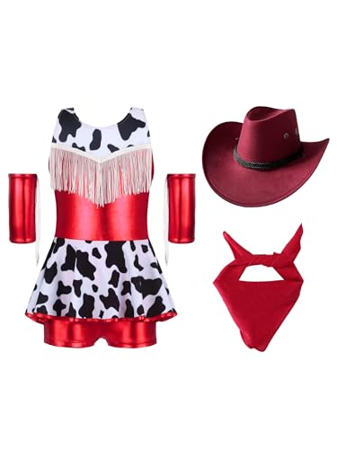 Agoky Mädchen Cowgirl Cosplay Kostüm Ärmellos Turnanzug Metallic Gymnastikanzug Leotard mit Bein Tutu Kuh Flecken Rock + Cowboyhut und Halstuch Armstulpen Rot 134-140 Agoky Mädchen Cowgirl Cosplay Kostüm Ärmellos Turnanzug Metallic Gymnastikanzug Leotard mit Bein Tutu Kuh Flecken Rock + Cowboyhut und Halstuch Armstulpen Rot 134-140 von Agoky