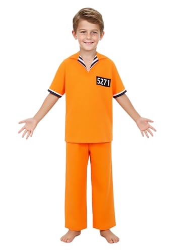 Agoky Mädchen Gefängnis Kostüm Sträfling Hemd Langarm Kentkragen Blusen mit Brusttasche + Lange Hose Elastische Taille Pants Uniformen Orange von Agoky