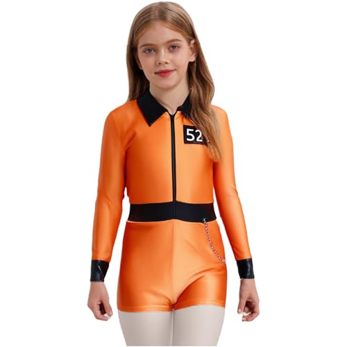 Agoky Mädchen Gefängnis Kostüm Sträfling Overall Langarm Kentkragen Hemd mit Reisverschluss und Kurze Hose Slim Fit Hot Pants Uniformen Orange Orange 146-152 von Agoky