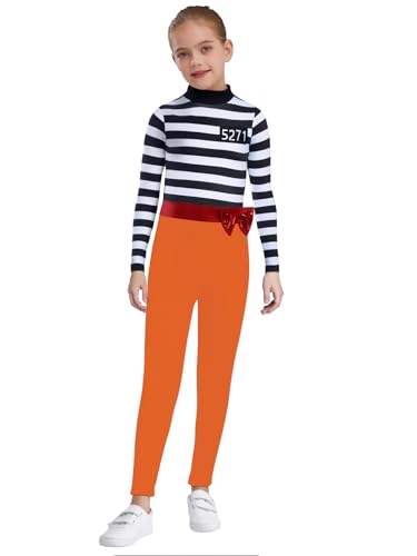 Agoky Mädchen Gefängnis Overall Sträfling Jumpsuit Streifen Top Langarm Rollkragen Shirts mit Lange Hose Skinny Pants Einteiler mit Reisverschluss Uniformen Orange 158-164 von Agoky