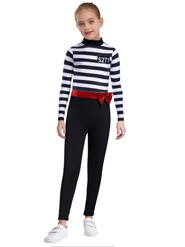 Agoky Mädchen Gefängnis Overall Sträfling Jumpsuit Streifen Top Langarm Rollkragen Shirts mit Lange Hose Skinny Pants Einteiler mit Reisverschluss Uniformen Schwarz 158-164 von Agoky