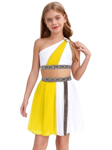 Agoky Mädchen Griechische Göttin Kostüm Altgriechisches Ein-Schulter Crop Top und Rock mit Farbblock Kinder Zweiteiler Kleidung Set Prinzessin Cosplay Outfits Gelb 146-152 von Agoky
