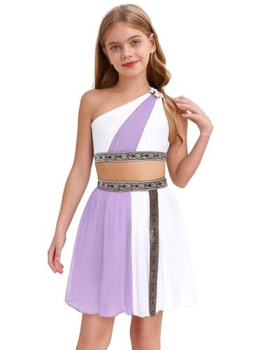 Agoky Mädchen Griechische Göttin Kostüm Altgriechisches Ein-Schulter Crop Top und Rock mit Farbblock Kinder Zweiteiler Kleidung Set Prinzessin Cosplay Outfits Helles Lila 146-152 von Agoky