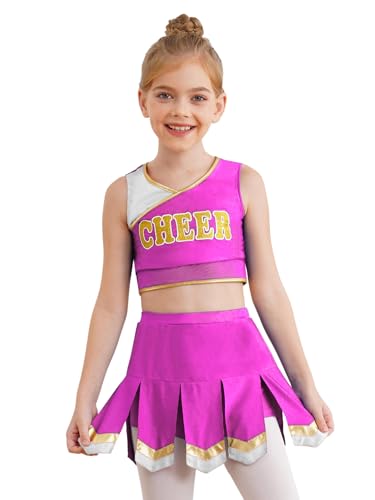 Agoky Mädchen Halloween Kostüm Cheerleaderin Cosplay Uniformen Ärmelloses Crop Top und Rock 2 Pcs High School Tanz Kleidung Set Bühne Outfits Hot Pink 134-140 von Agoky