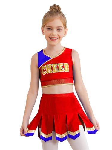 Agoky Mädchen Halloween Kostüm Cheerleaderin Cosplay Uniformen Ärmelloses Crop Top und Rock 2 Pcs High School Tanz Kleidung Set Bühne Outfits Rot 110-116 von Agoky
