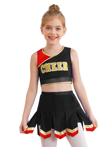Agoky Mädchen Halloween Kostüm Cheerleaderin Cosplay Uniformen Ärmelloses Crop Top und Rock 2 Pcs High School Tanz Kleidung Set Bühne Outfits Schwarz 134-140 von Agoky