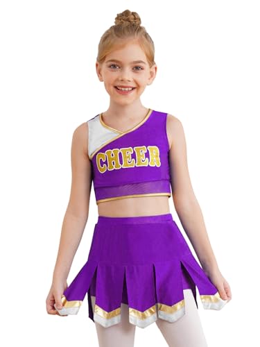 Agoky Mädchen Halloween Kostüm Cheerleaderin Cosplay Uniformen Ärmelloses Crop Top und Rock 2 Pcs High School Tanz Kleidung Set Bühne Outfits Violett 170 von Agoky