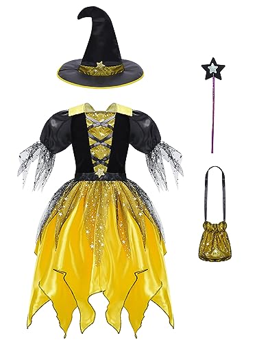 Agoky Mädchen Hexen Kostüm Set Mittelalter Kleid Silber Punkte mit Hut Zauberstab Hexenkessel für Süßigkeiten Halloween Fasching Gelb Q 152-158 von Agoky