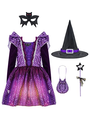 Agoky Mädchen Hexen Kostüm Set Mittelalter Kleid Silber Punkte mit Hut Zauberstab Hexenkessel für Süßigkeiten Halloween Fasching Lila Q 146-152 von Agoky