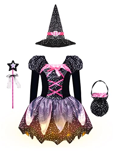 Agoky Mädchen Hexen Kostüm Set Mittelalter Kleid Silber Punkte mit Hut Zauberstab Hexenkessel für Süßigkeiten Halloween Fasching Pink Q 122-128 von Agoky