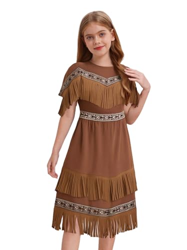 Agoky Mädchen Indianer Prinzessin Kostüm Kinder Ein-Schulter Wildleder Kleid mit Fransen + Lange Armstulpen Halloween Fasching Cosplay Outfits Dunkelbraun B 158-164 von Agoky