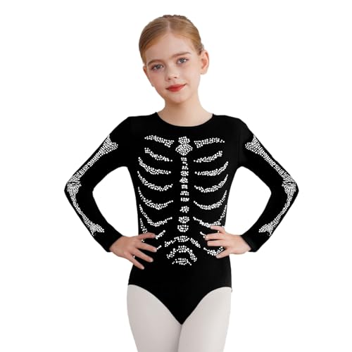 Agoky Mädchen Langarm Body mit Glitzer Skeleton Ballettanzug Gymnastik Trikot Turnanzug Horror Leotard Halloween Cosplay Kostüm Dancewear von Agoky