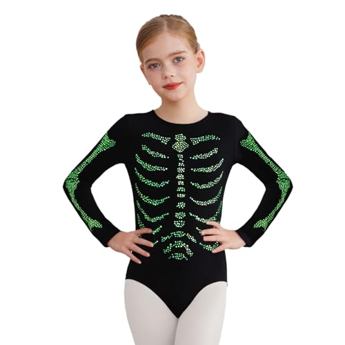 Agoky Mädchen Langarm Body mit Glitzer Skeleton Ballettanzug Gymnastik Trikot Turnanzug Horror Leotard Halloween Cosplay Kostüm Dancewear von Agoky