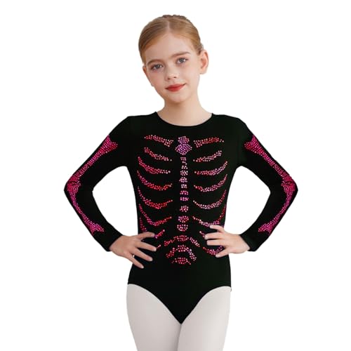 Agoky Mädchen Langarm Body mit Glitzer Skeleton Ballettanzug Gymnastik Trikot Turnanzug Horror Leotard Halloween Cosplay Kostüm Dancewear von Agoky