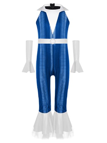 Agoky Mädchen Metallic Jumpsuit Neckholder Overall mit Lange Hose und Schlag + Glänzend Lange Handschuhe Retro Einteiler Disco Tanz Outfits Blau 170 Agoky Mädchen Metallic Jumpsuit Neckholder Overall mit Lange Hose und Schlag + Glänzend Lange Handschuhe Retro Einteiler Disco Tanz Outfits Blau 170 von Agoky