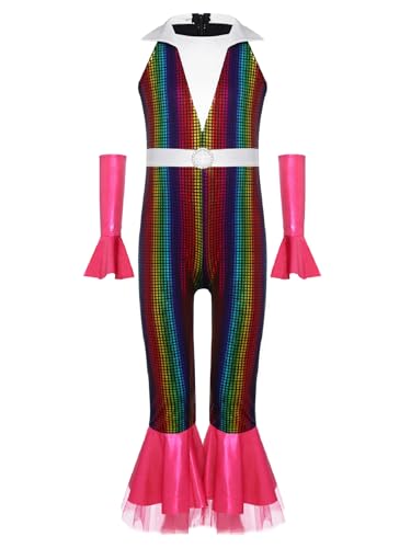 Agoky Mädchen Metallic Jumpsuit Neckholder Overall mit Lange Hose und Schlag + Glänzend Lange Handschuhe Retro Einteiler Disco Tanz Outfits Bunt 122-128 von Agoky