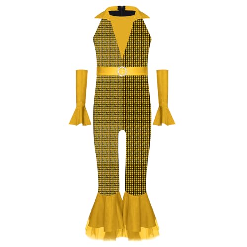 Agoky Mädchen Metallic Jumpsuit Neckholder Overall mit Lange Hose und Schlag + Glänzend Lange Handschuhe Retro Einteiler Disco Tanz Outfits Gold 170 von Agoky