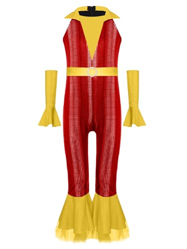 Agoky Mädchen Metallic Jumpsuit Neckholder Overall mit Lange Hose und Schlag + Glänzend Lange Handschuhe Retro Einteiler Disco Tanz Outfits Rot 158-164 von Agoky