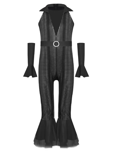 Agoky Mädchen Metallic Jumpsuit Neckholder Overall mit Lange Hose und Schlag + Glänzend Lange Handschuhe Retro Einteiler Disco Tanz Outfits Schwarz 158-164 Agoky Mädchen Metallic Jumpsuit Neckholder Overall mit Lange Hose und Schlag + Glänzend Lange Handschuhe Retro Einteiler Disco Tanz Outfits Schwarz 158-164 von Agoky